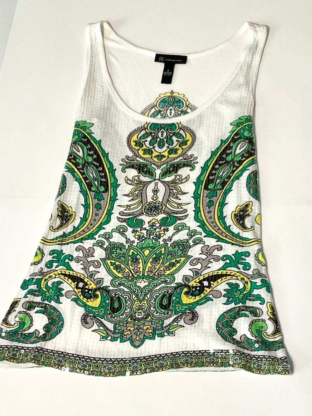 INC International Concepts Paisley Tank Top White Green Yellow Boho Sparkly Smal